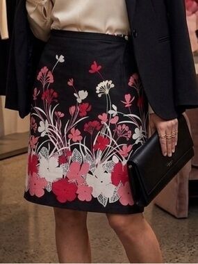LOFT Black Skirt with Pink and White Floral Design